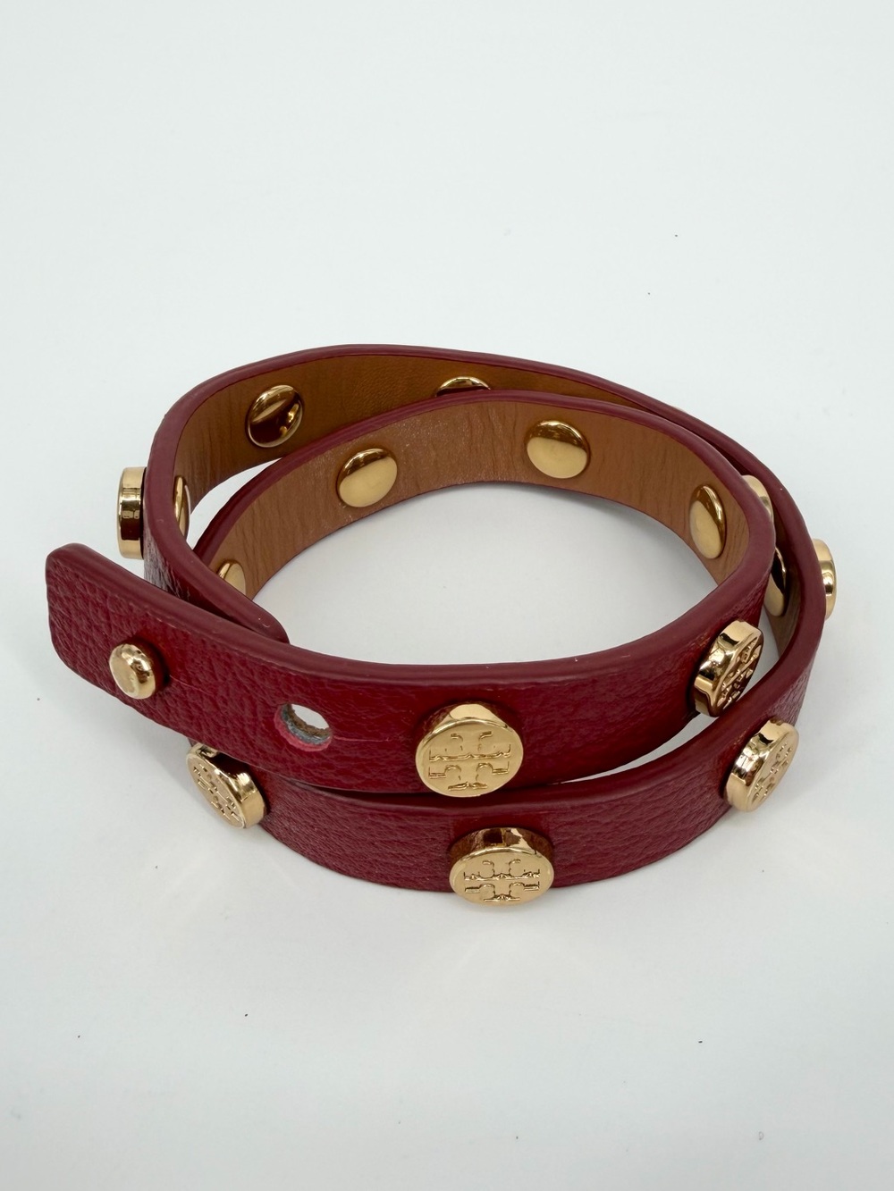 Tory Burch Red Double-Wrap Leather Bracelet with Gold Logo Studs